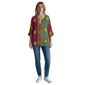 Boho Artsy Lagenlook Beaded Patchwork Tunic Jacket Soft Surroundings L Rayon